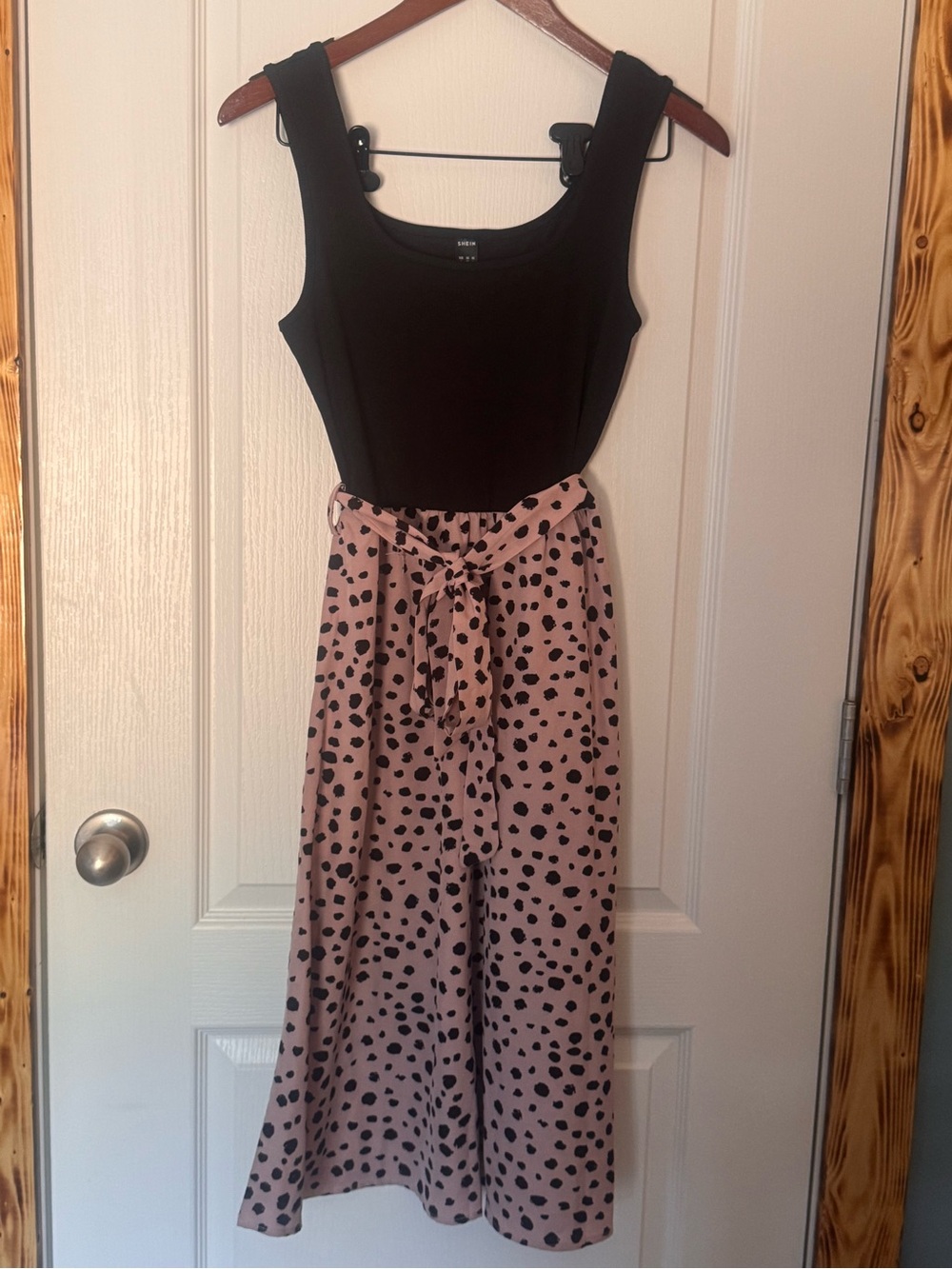 SHEIN Black & Pink Spot-Print Dress with Tie Waist